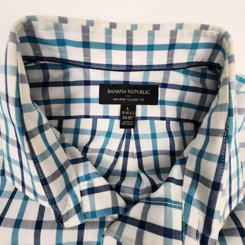 Banana Republic Non-Iron Classic Fit Men's Plaid Button Up Shirt Blue White L